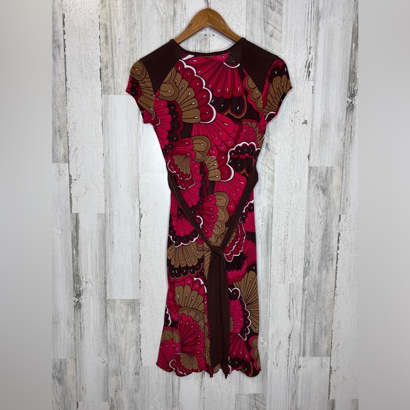 Volume One Women's V Neck Abstract Floral Dress Pink Brown Size Small - Picture 2 of 12